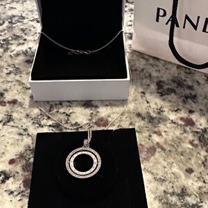 NWOT Pandora Silver Necklace with Circular pave and logo Pendant